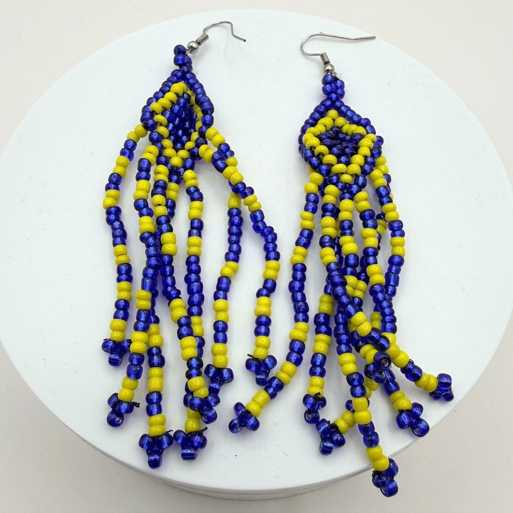 Vintage 80s Ukrainian Flag Beaded Earrings Blue & Yellow Statement‎ Pair Jewelry